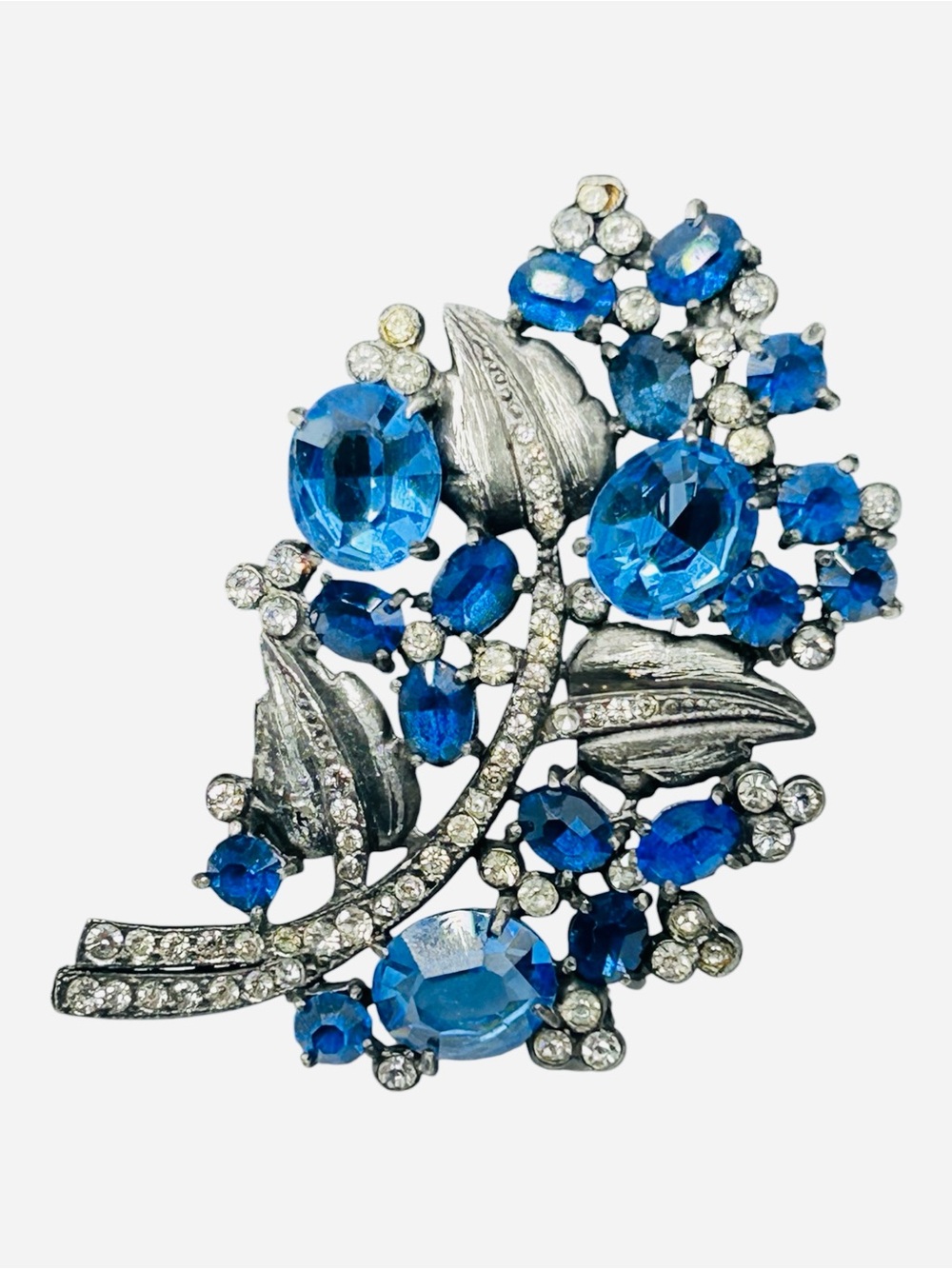 Vintage 1930βs Sapphire Rhinestone Gunmetal Leaf and Flower Pot Metal Brooch
